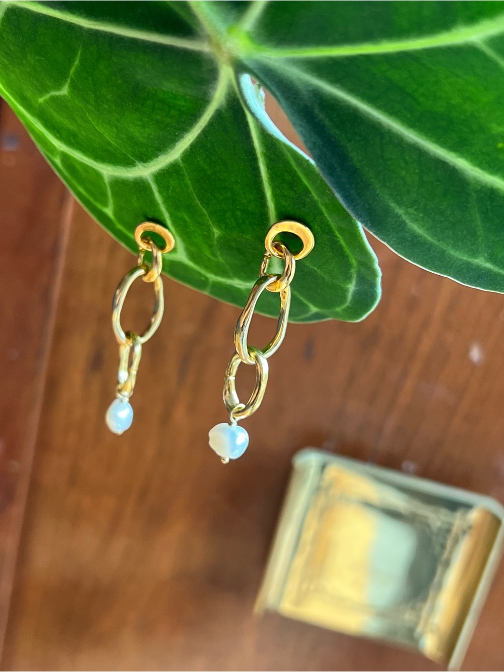 Chan Luu Gold Link Drop Earrings with White Pearl